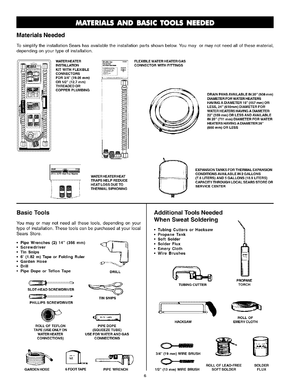 Materials needed, Additional tools needed when sweat soldering, Material needed | Materials and basic tools needed, Basic tools | Kenmore Power Miser 12 153.331413 HA User Manual | Page 6 / 28