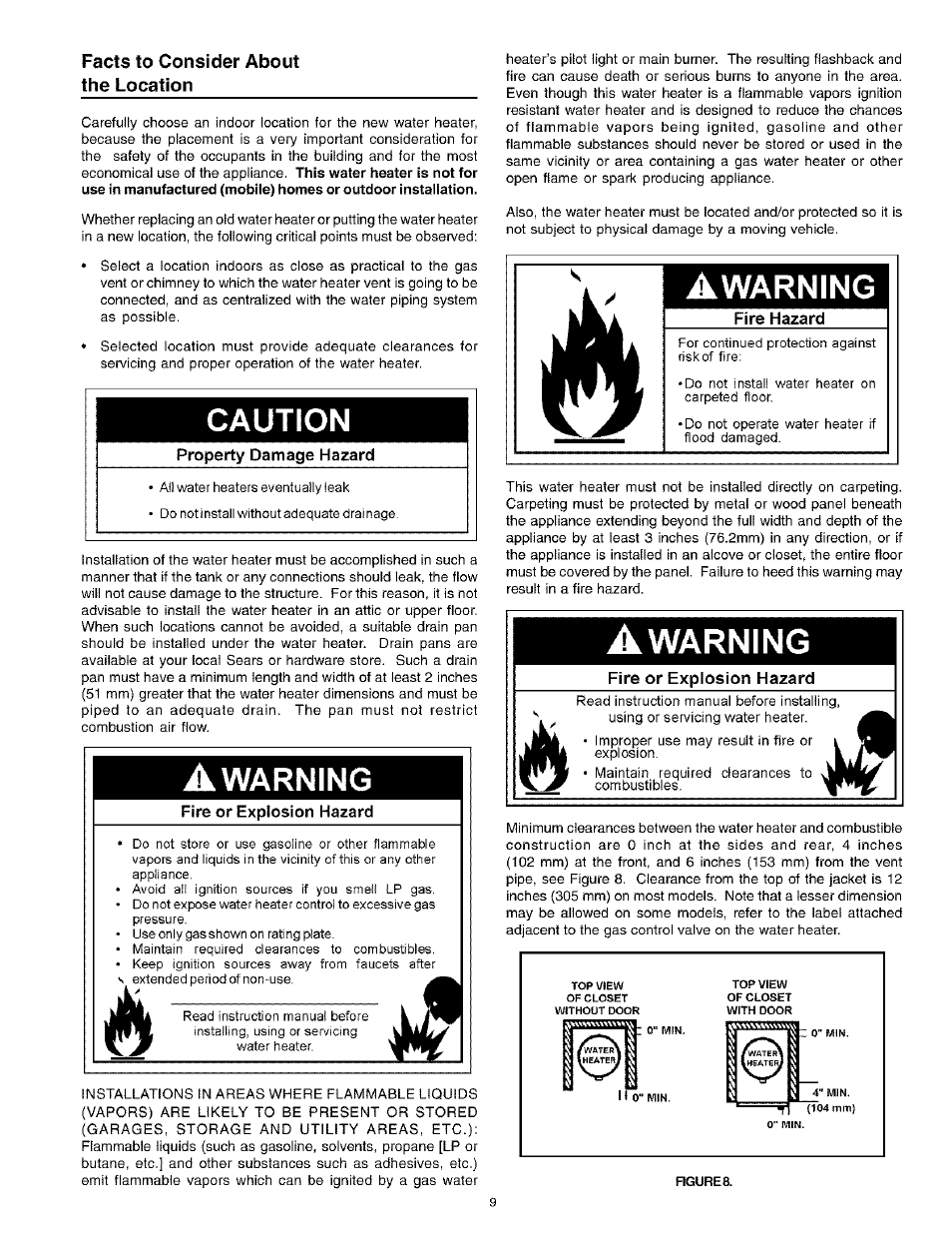 Facts to consider about the location, Caution, Property damage hazard | A warning, Fire or explosion hazard, Warning, Fire hazard, Facts to consider about the location -10 | Kenmore Power Miser 12 153.331413 HA User Manual | Page 9 / 28