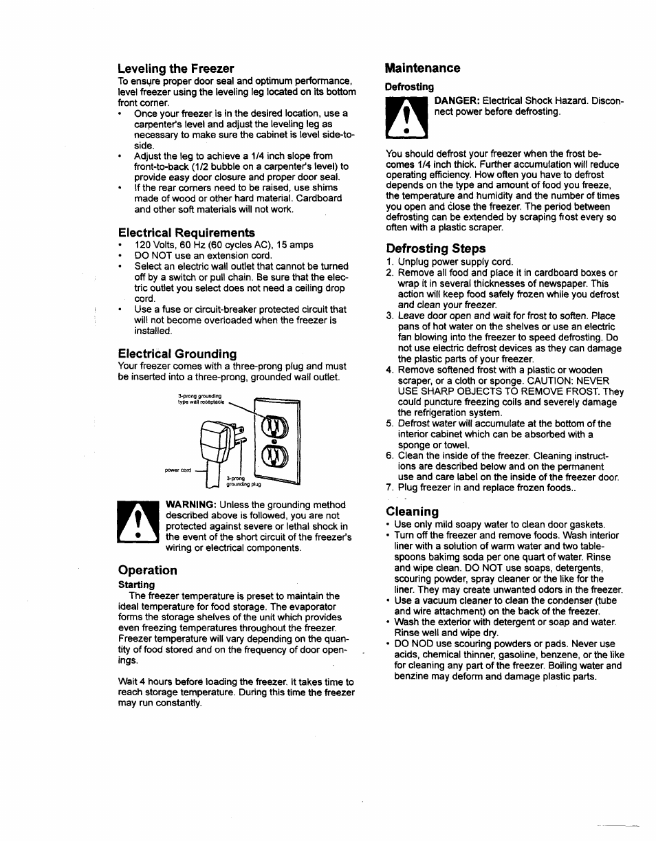 Leveling the freezer, Electrical requirements, Electrical grounding | Operation, Defrosting steps, Cleaning, Maintenance | Kenmore 29701 User Manual | Page 2 / 6