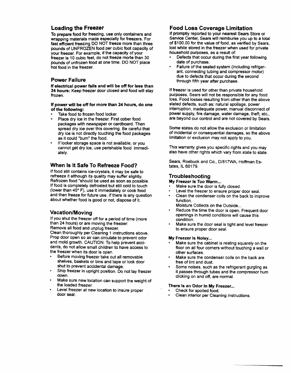 Loading the freezer, Power failure, When is it safe to refreeze food | Vacation/moving, Food loss coverage limitation, Troubleshooting | Kenmore 29701 User Manual | Page 3 / 6