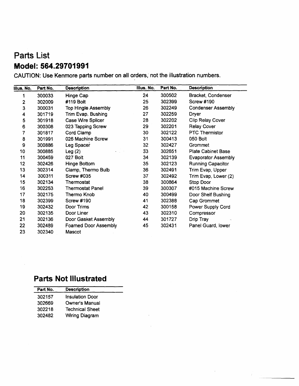 Parts list, Model: 564.29701991, Parts not illustrated | Kenmore 29701 User Manual | Page 4 / 6