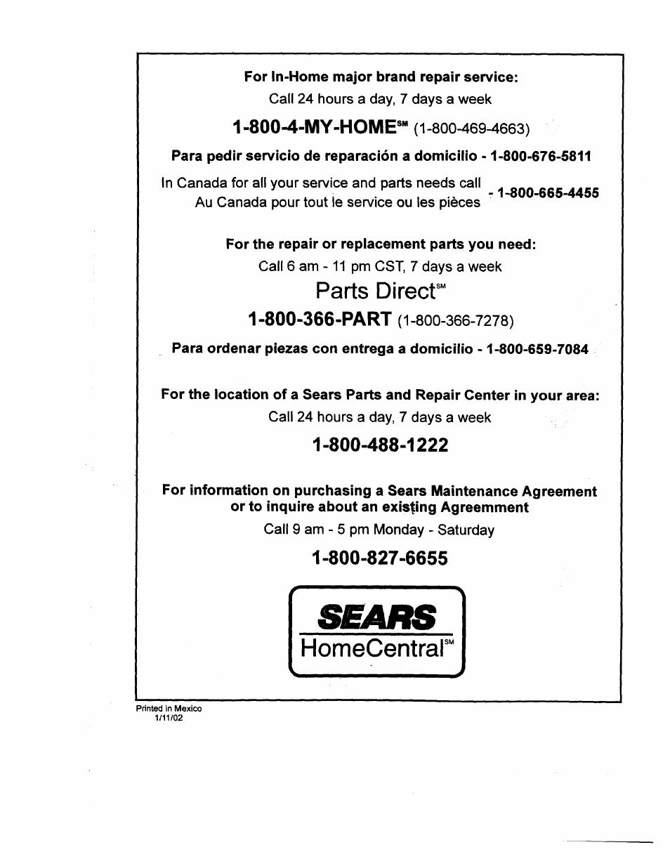 Parts direct, 800-4-my-home | Kenmore 29701 User Manual | Page 6 / 6