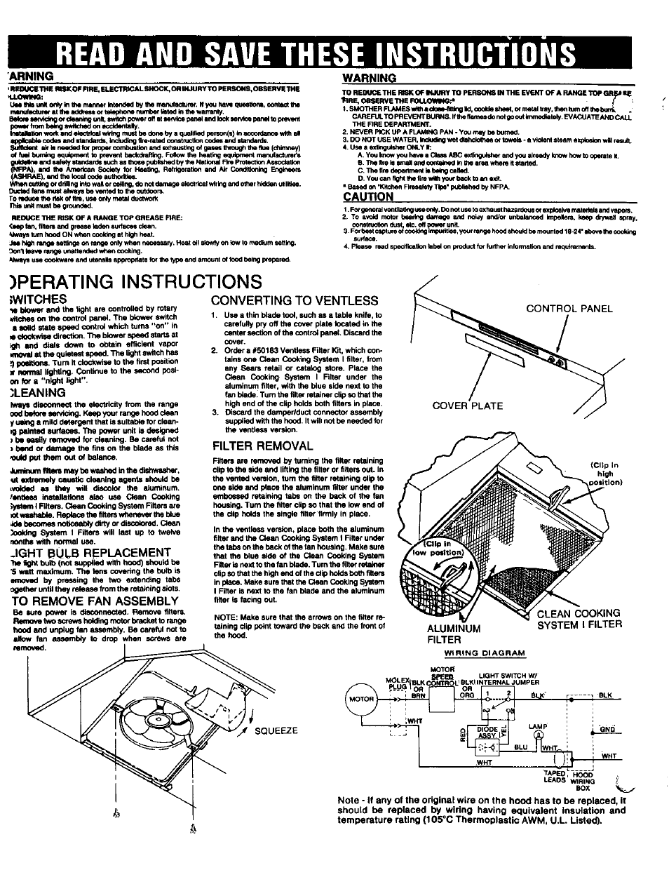 Read and save these instructions, Operating instructions, Converting to ventless iwitches | Cleaning, Jght bulb replacement, Filter removal, Llowmo, Filter | Kenmore 51840 User Manual | Page 3 / 3