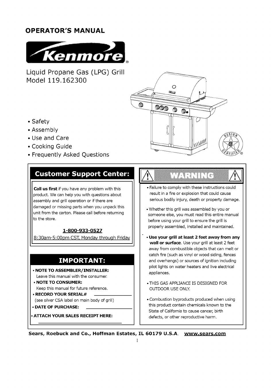 Kenmore LIQUID PROPANE GAS (LPG) GRILL 119.1623 User Manual | 33 pages