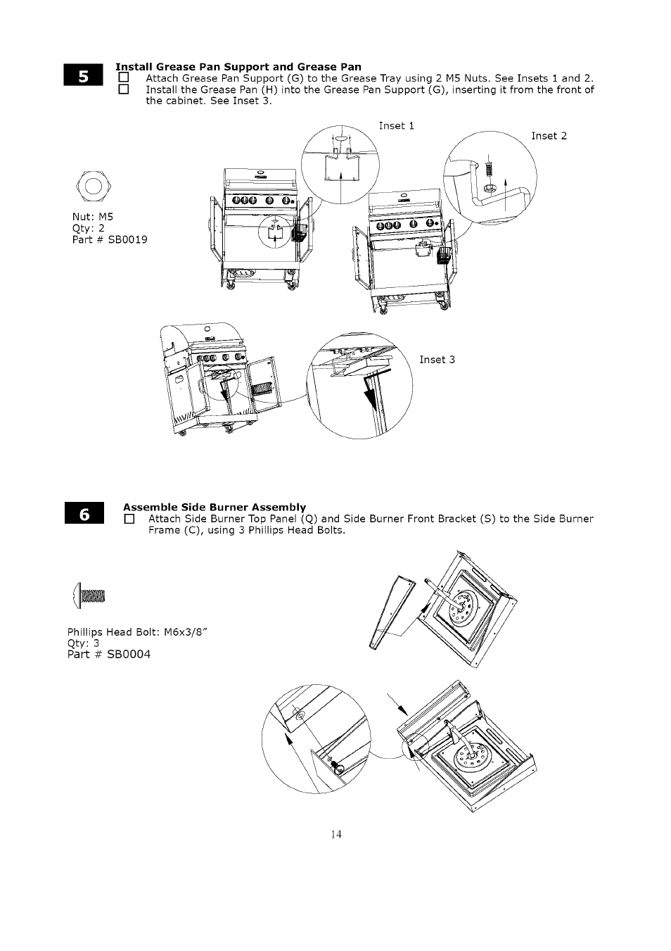 Instalf grease pan support and grease pan, Assemble side burner assembly | Kenmore LIQUID PROPANE GAS (LPG) GRILL 119.1623 User Manual | Page 14 / 33