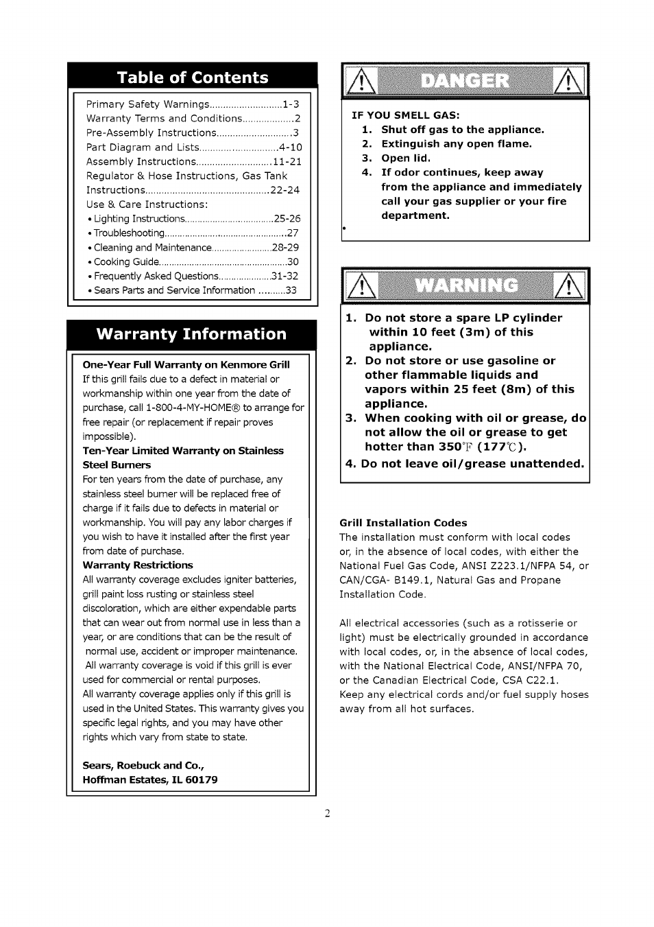 Kenmore LIQUID PROPANE GAS (LPG) GRILL 119.1623 User Manual | Page 2 / 33