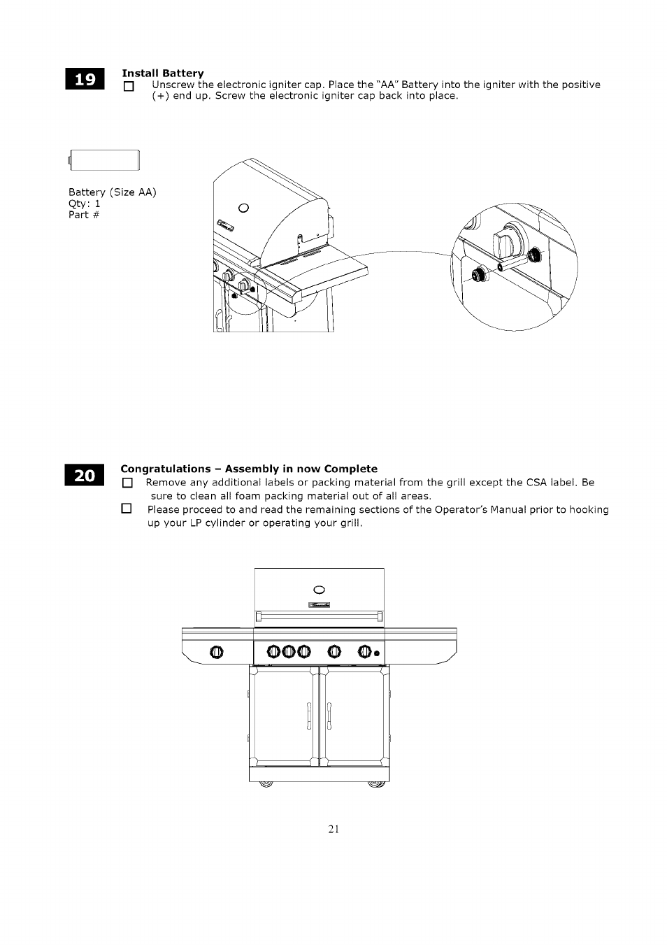 Install battery, Congratulations - assembly in now complete | Kenmore LIQUID PROPANE GAS (LPG) GRILL 119.1623 User Manual | Page 21 / 33