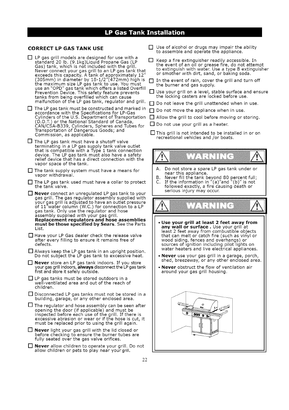 Lp gas tank installation | Kenmore LIQUID PROPANE GAS (LPG) GRILL 119.1623 User Manual | Page 22 / 33