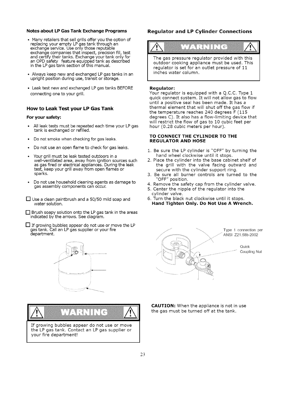 Notes about lp gas tank exchange programs, For your safety, Regulator | To connect the cylinder to the regulator and hose | Kenmore LIQUID PROPANE GAS (LPG) GRILL 119.1623 User Manual | Page 23 / 33