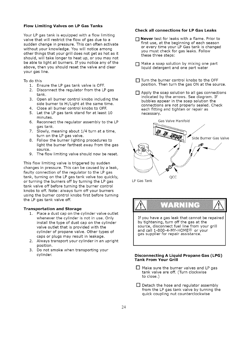 Flow limiting valves on lp gas tanks, Transportation and storage, Check all connections for lp gas leaks | Kenmore LIQUID PROPANE GAS (LPG) GRILL 119.1623 User Manual | Page 24 / 33