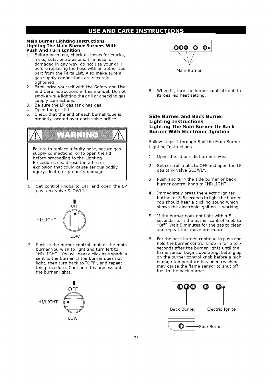 Main burner lighting instructions | Kenmore LIQUID PROPANE GAS (LPG) GRILL 119.1623 User Manual | Page 25 / 33