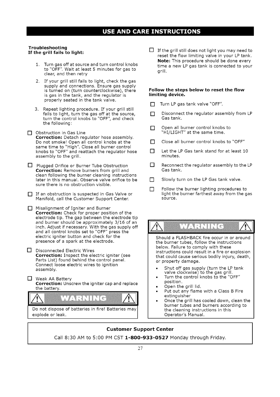 Troubleshooting if the grill fails to light, Follow the steps below to reset the flow | Kenmore LIQUID PROPANE GAS (LPG) GRILL 119.1623 User Manual | Page 27 / 33