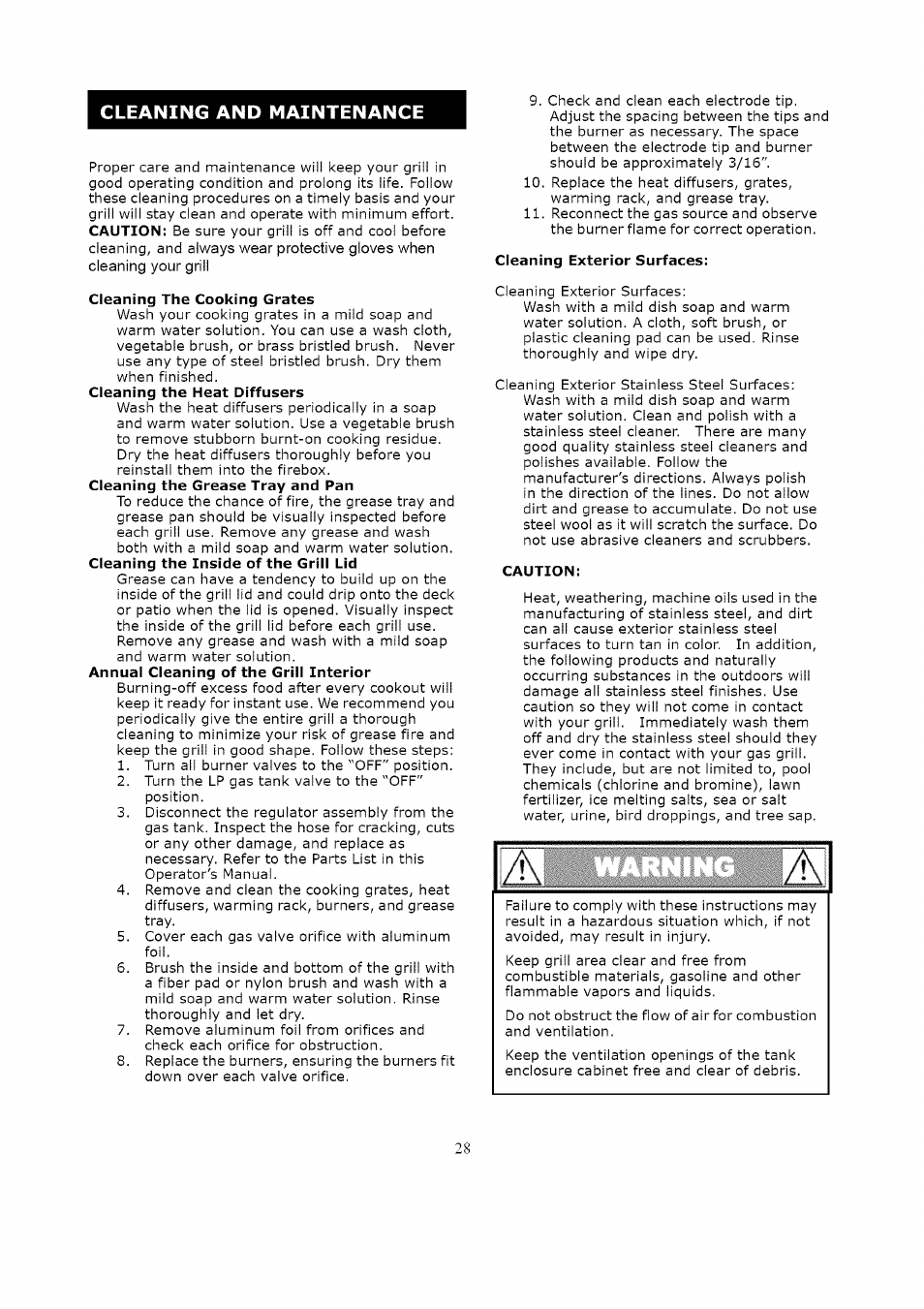 Cleaning the cooking grates, Cleaning exterior surfaces, Caution | Cleaning and maintenance | Kenmore LIQUID PROPANE GAS (LPG) GRILL 119.1623 User Manual | Page 28 / 33