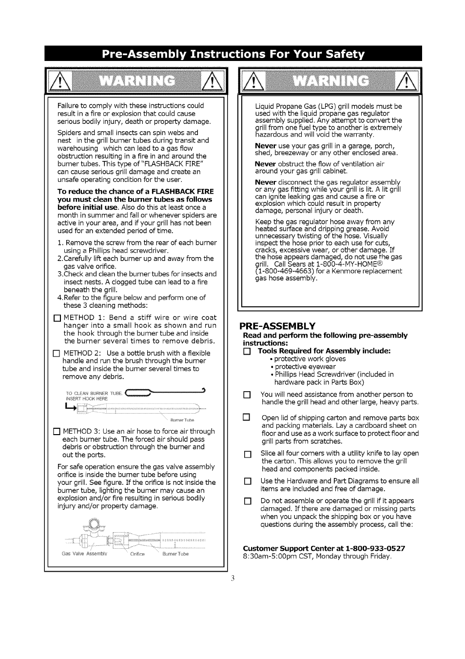 Pre-assembly instructions for your safety, Pre-assembly, Customer support center at 1-800-933-0527 | Kenmore LIQUID PROPANE GAS (LPG) GRILL 119.1623 User Manual | Page 3 / 33