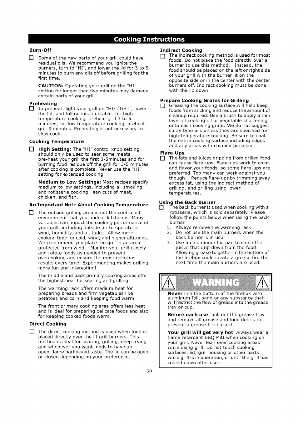 Burn-off, Prepare cooking grates for grilling, Using the back burner | Kenmore LIQUID PROPANE GAS (LPG) GRILL 119.1623 User Manual | Page 30 / 33