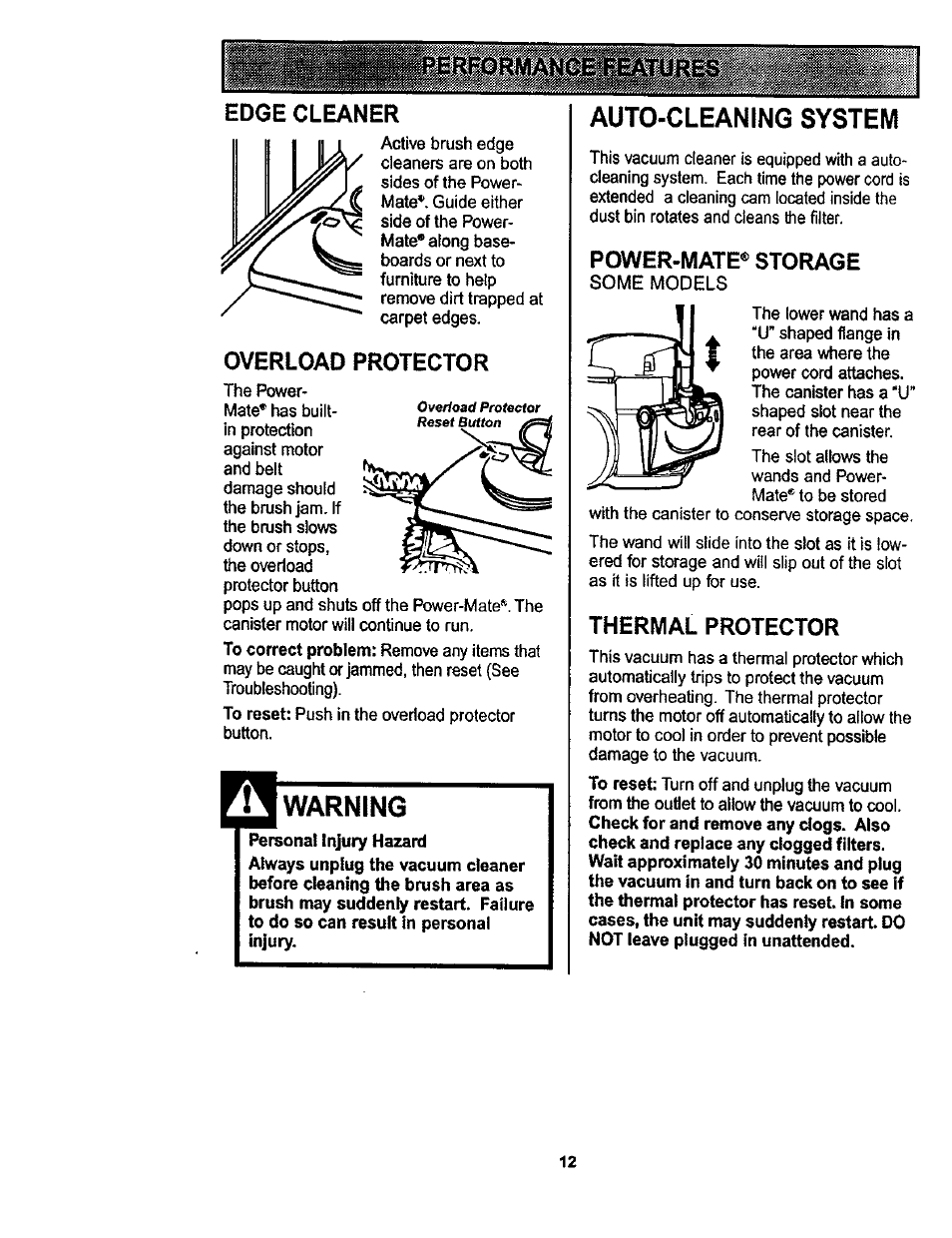 Warning, Auto-cleaning system, Edge cleaner | Overload protector, Power-mate, Storage, Thermal protector | Kenmore 116.22822 User Manual | Page 12 / 40