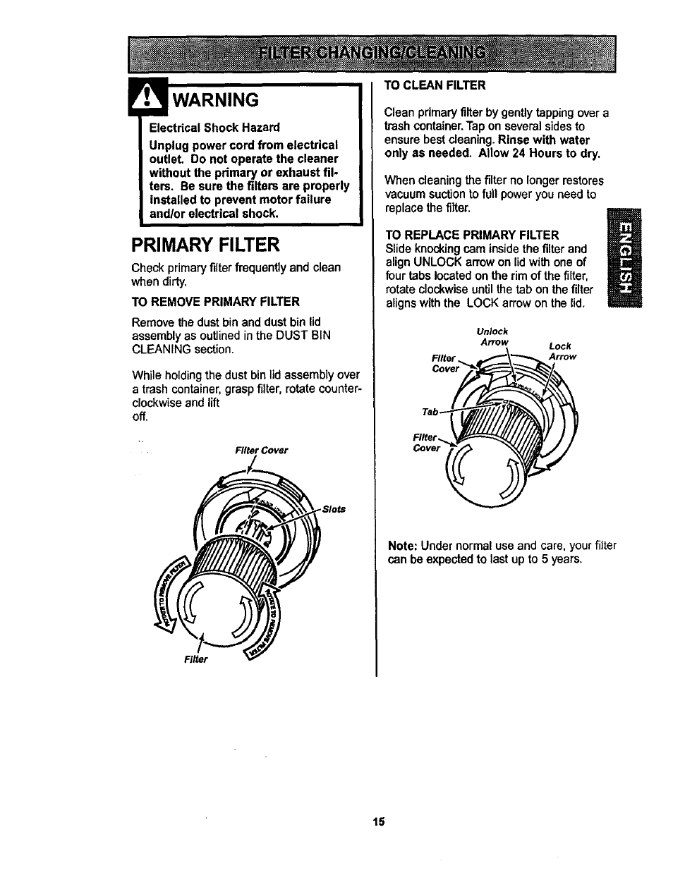 Warning, Primary filter | Kenmore 116.22822 User Manual | Page 15 / 40