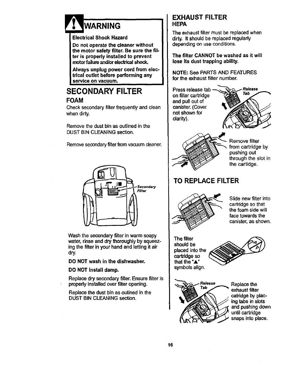 Warning, Secondary filter, Foam | Exhaust filter hepa | Kenmore 116.22822 User Manual | Page 16 / 40