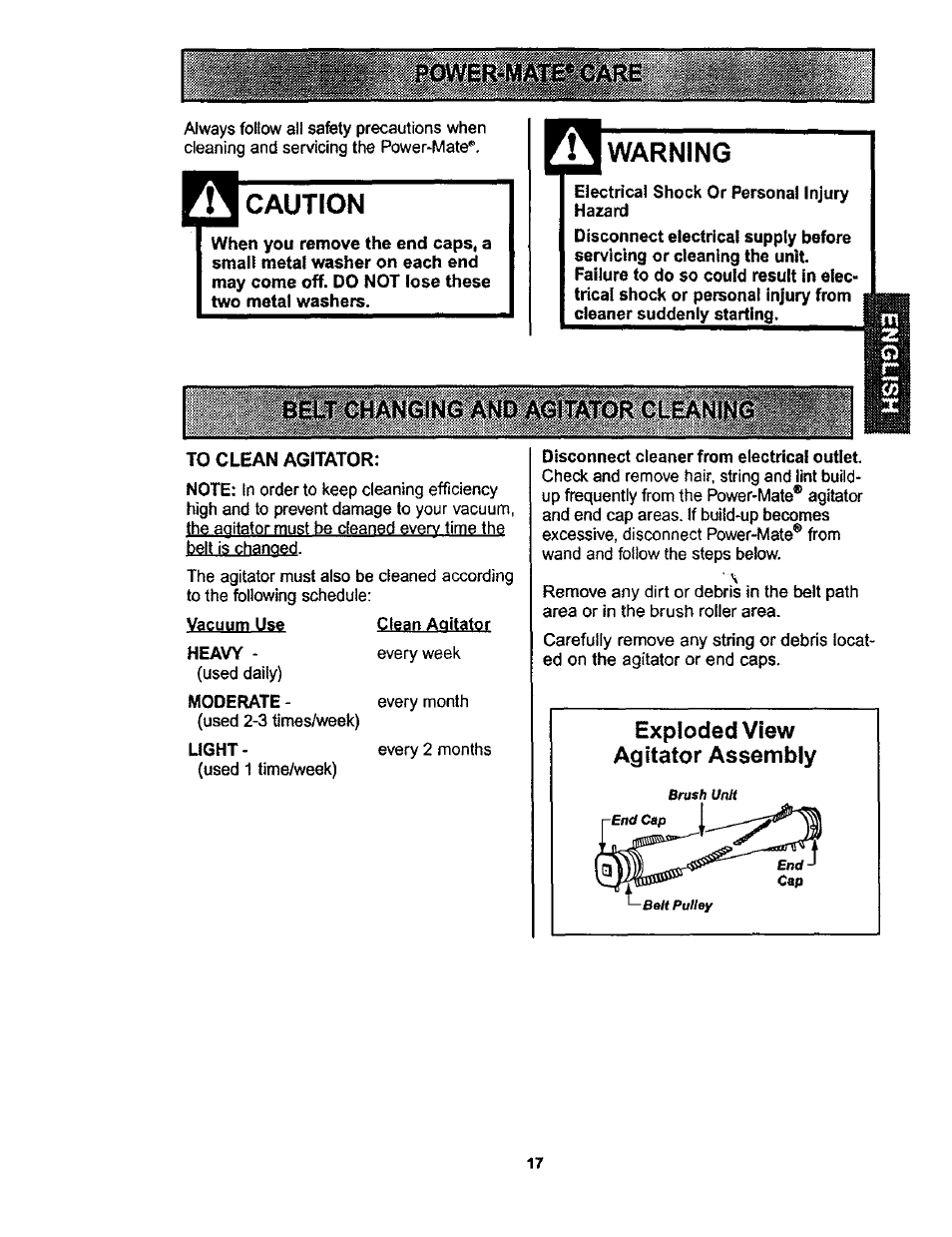 Caution, Warning, Ecl^cliànging'àno’kci'm^ clsani | Exploded view agitator assembly | Kenmore 116.22822 User Manual | Page 17 / 40