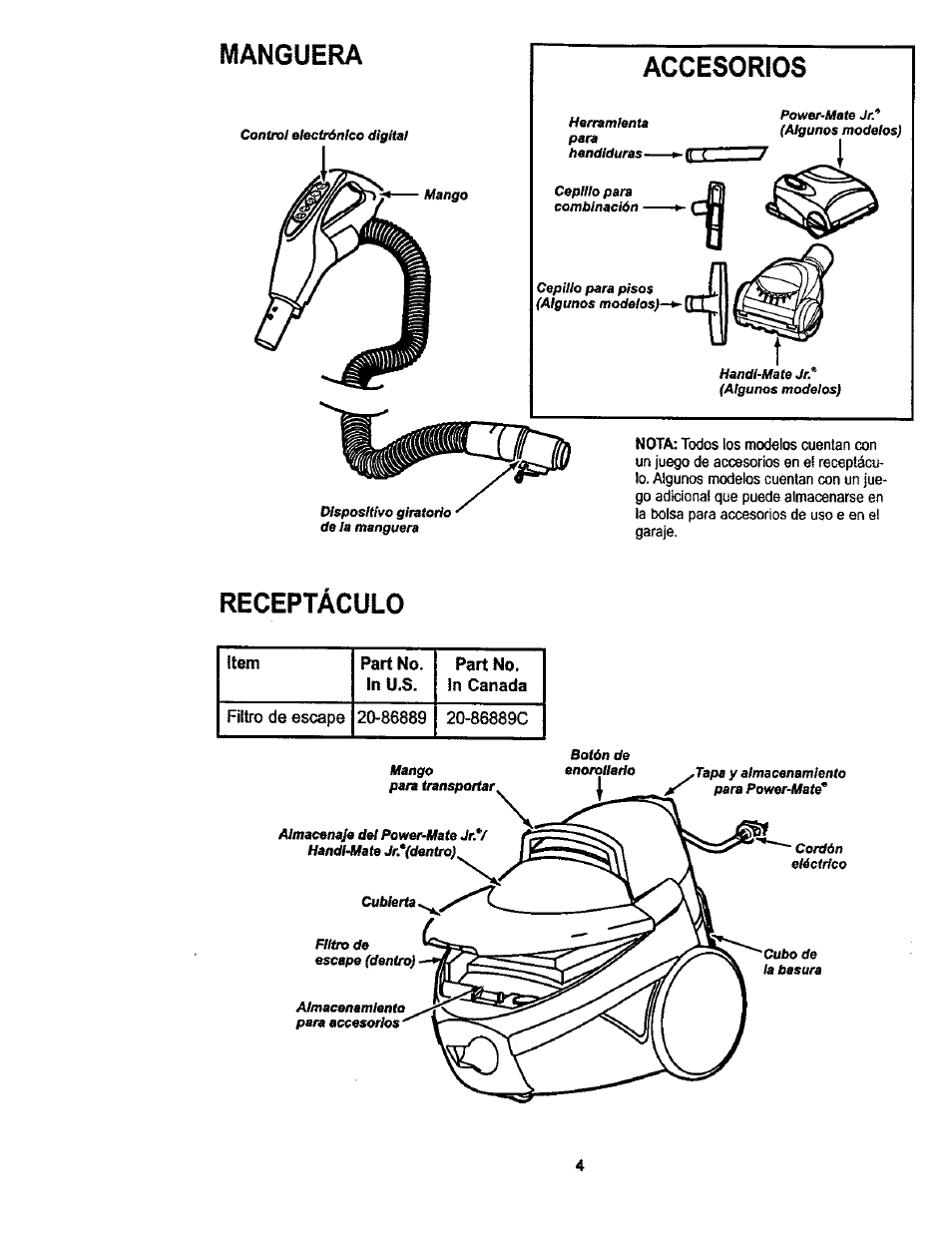 Manguera, Accesorios, Receptáculo | Manguera accesorios | Kenmore 116.22822 User Manual | Page 24 / 40