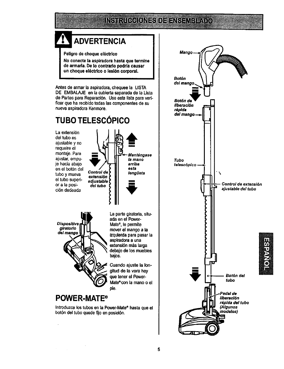 Advertencia, Tubo telescópico, Power-mate | Kenmore 116.22822 User Manual | Page 25 / 40