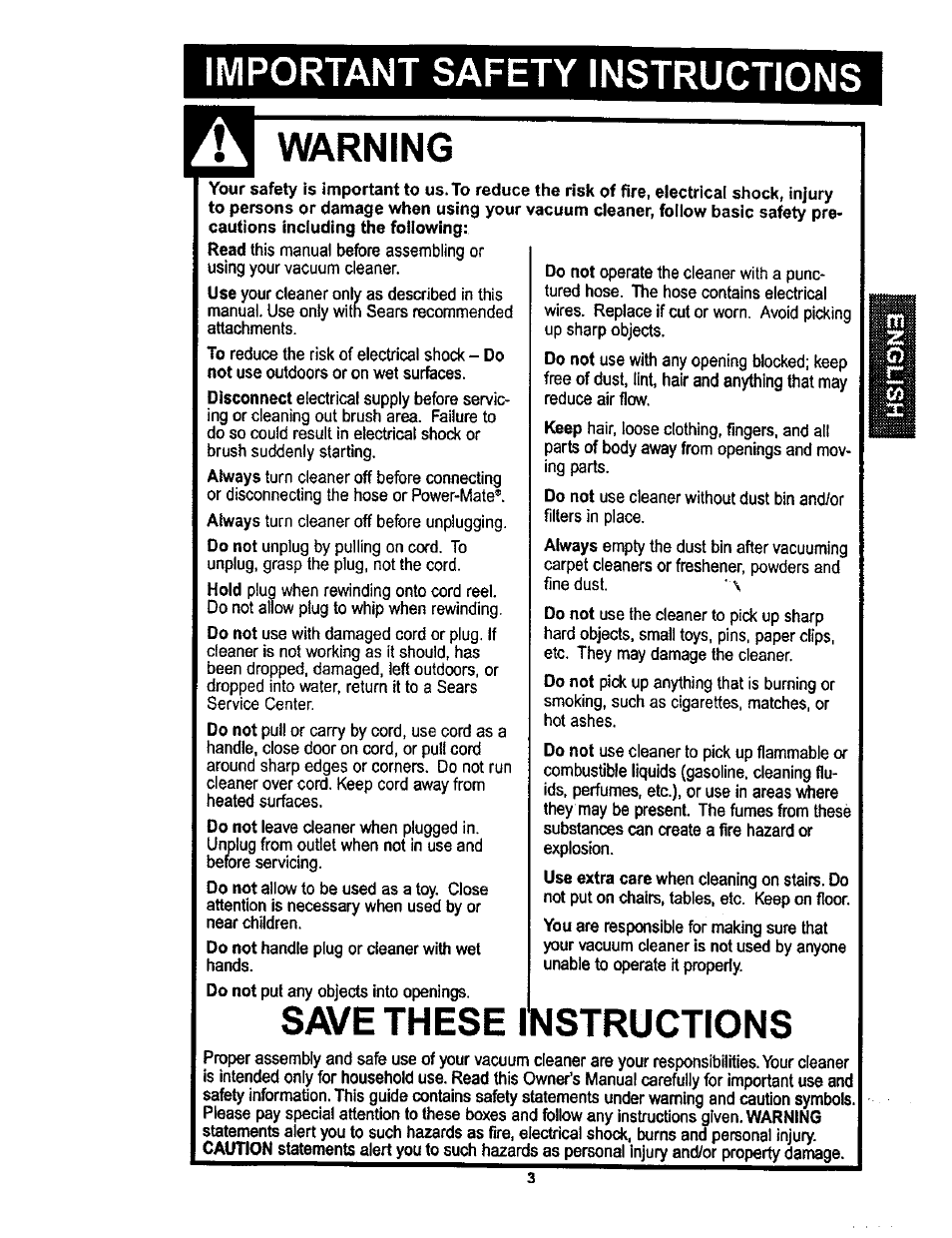 Important safety instructions, Warning, Save these instructions | Kenmore 116.22822 User Manual | Page 3 / 40