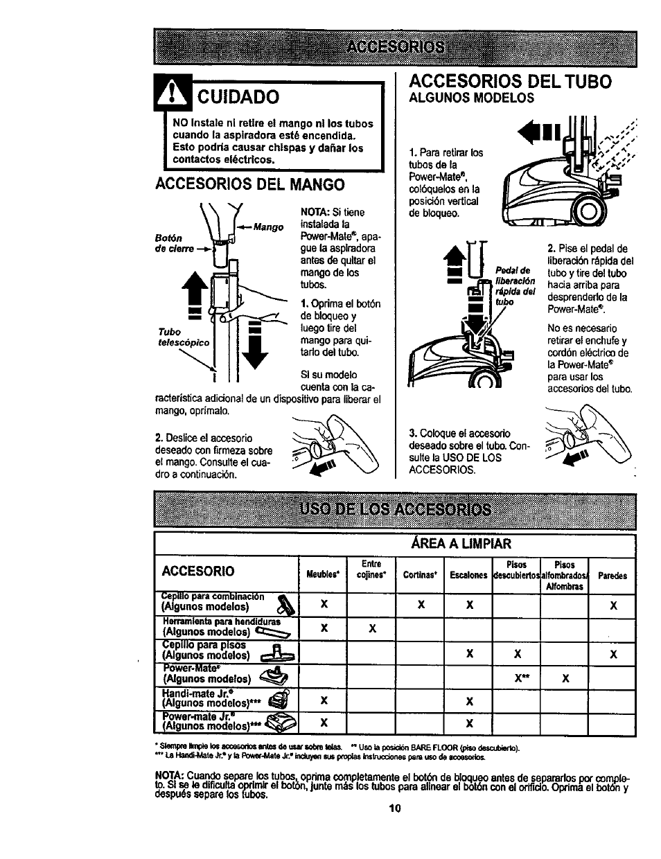 Cuidado, Accesorios del tubo, Accesorios del mango | De los accesoraos | Kenmore 116.22822 User Manual | Page 30 / 40