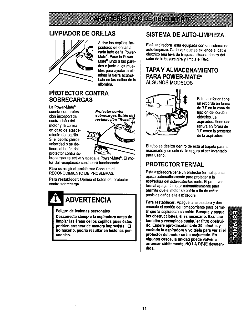 Advertencia, Limpiador de orillas, Protector contra sobrecargas | Sistema de auto-limpieza, Tapa y almacenamiento para power-mate, Protector termal | Kenmore 116.22822 User Manual | Page 31 / 40