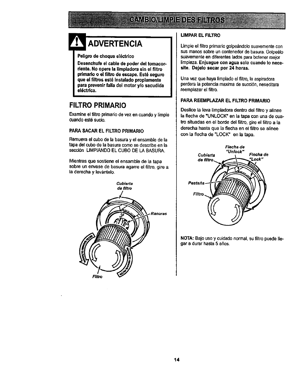 Advertencia, Filtro primario | Kenmore 116.22822 User Manual | Page 34 / 40