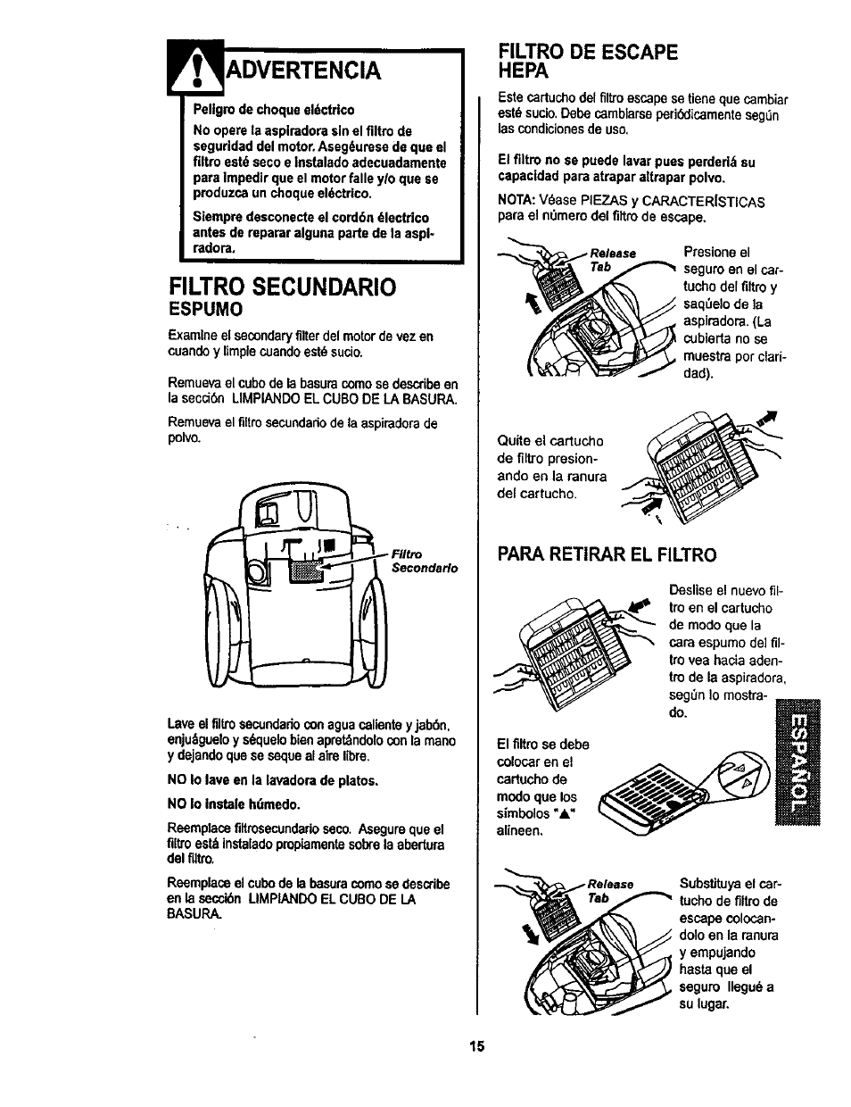 Advertencia, Filtro secundario, Espumo | Para retirar el filtro, Filtro de escape hepa | Kenmore 116.22822 User Manual | Page 35 / 40