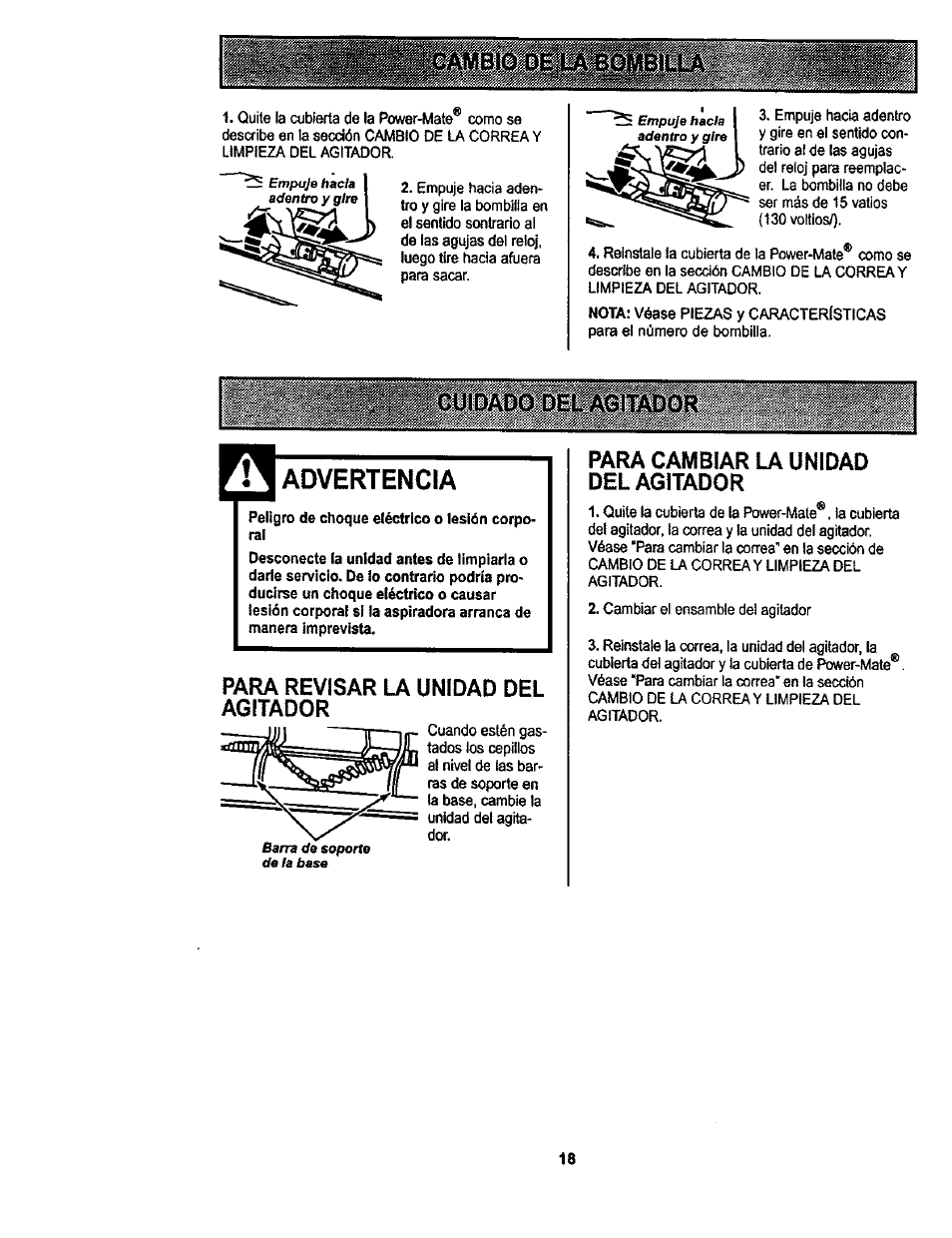 Advertencia, Para revisar la unidad del agitador, Para cambiar la unidad del agitador | Kenmore 116.22822 User Manual | Page 38 / 40