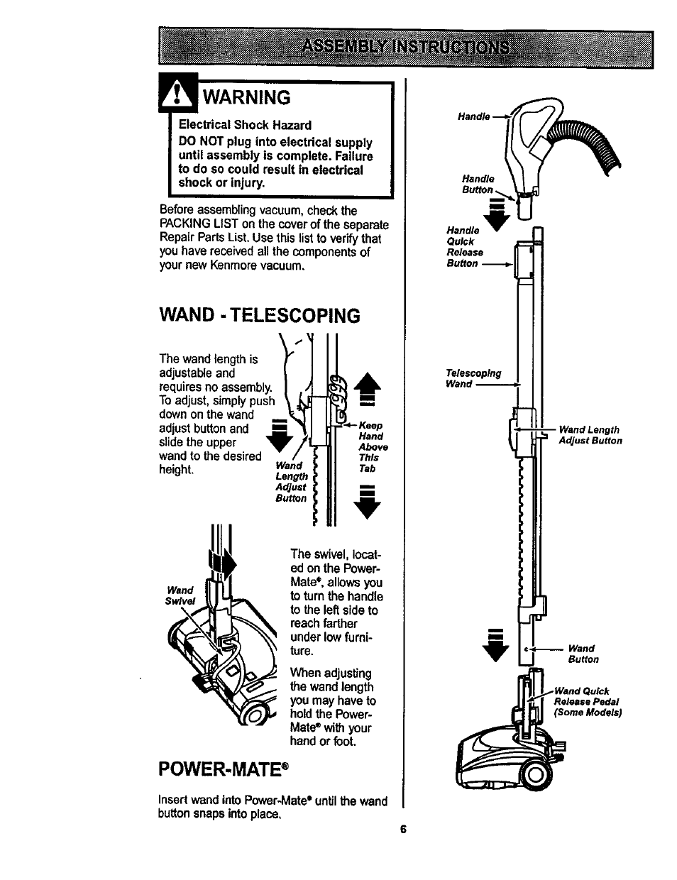 Warning, Wand - telescoping, Power-mate | Kenmore 116.22822 User Manual | Page 6 / 40