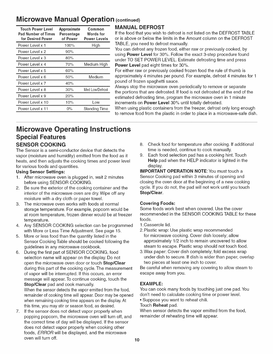 Ivlicrowave ivlanuai operation, Microwave operating instructions, Special features | Manual defrost, Sensor cooking | Kenmore 790.4885 User Manual | Page 10 / 34