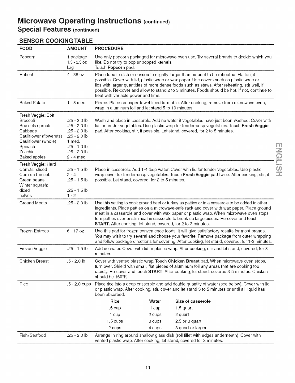 Iviicrowave operating instructions, Special features (continued), Sensor cooking table | Kenmore 790.4885 User Manual | Page 11 / 34