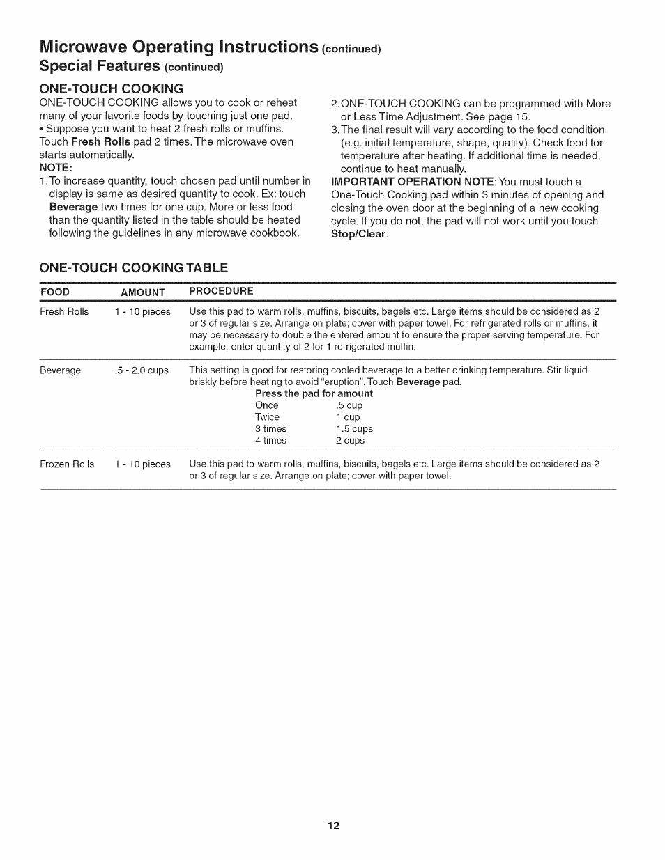 One-touch cooking table, Iviicrowave operating instructions, Special features (continued) | Kenmore 790.4885 User Manual | Page 12 / 34