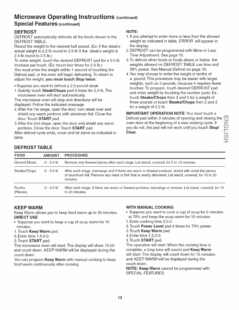 Defrosttable, Keep warm, Iviicrowave operating instructions | Special features (continued) | Kenmore 790.4885 User Manual | Page 13 / 34