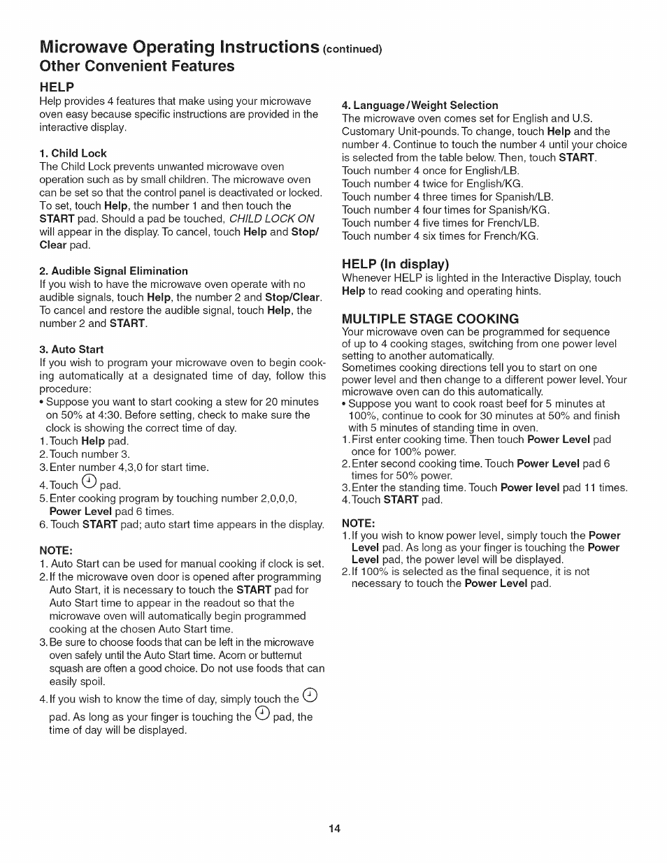 Help, Help (in display), Multiple stage cooking | Ivlicrowave operating instructions, Other convenient features | Kenmore 790.4885 User Manual | Page 14 / 34