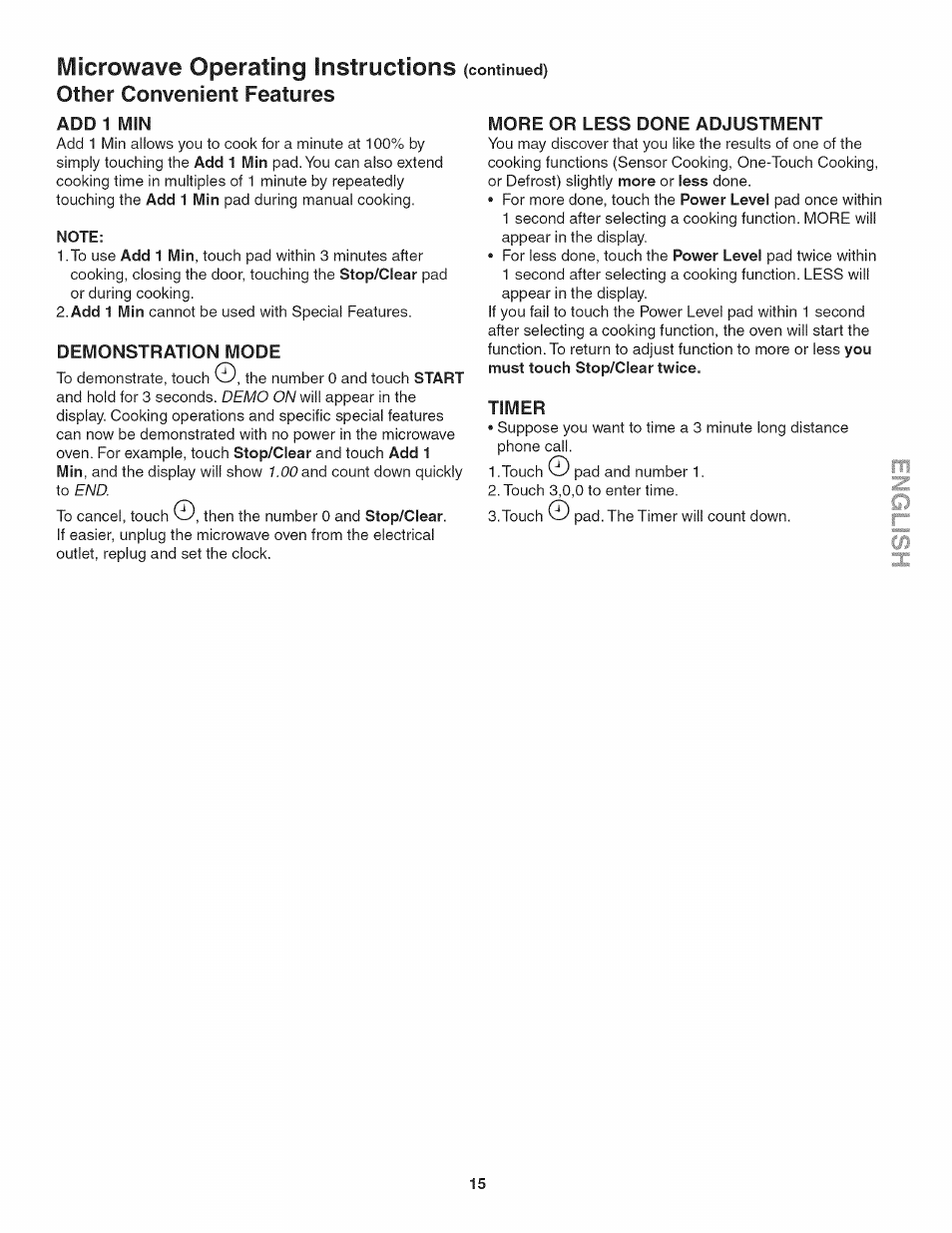 Add 1 min, Note, Demonstration mode | More or less done adjustment, Timer, Ivlicrowave operating instructions, Other convenient features | Kenmore 790.4885 User Manual | Page 15 / 34