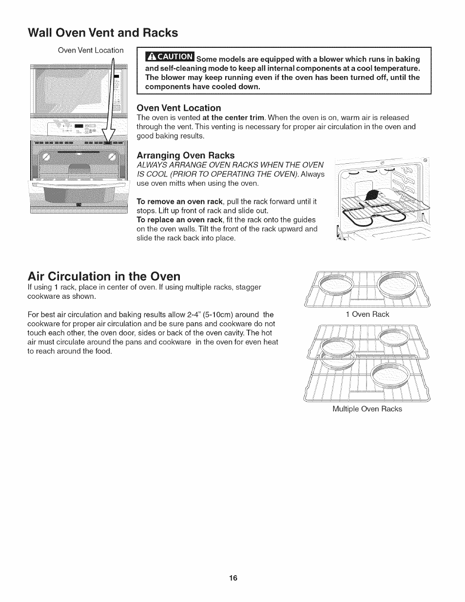 Oven vent location, Arranging oven racks, Air circulation in the oven | Wail oven vent and racks | Kenmore 790.4885 User Manual | Page 16 / 34