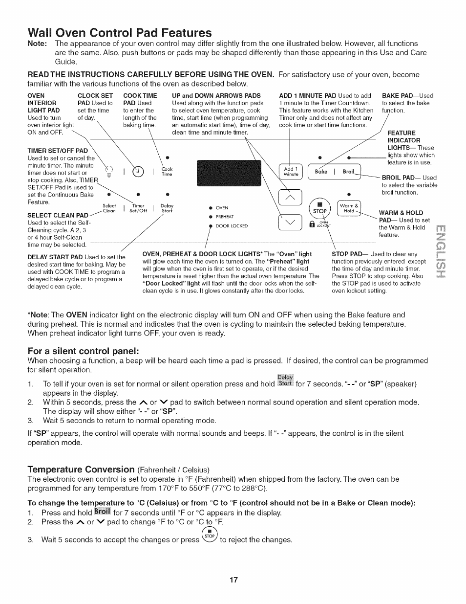 For a silent control panel, Wail oven control pad features, Temperature conversion | Kenmore 790.4885 User Manual | Page 17 / 34