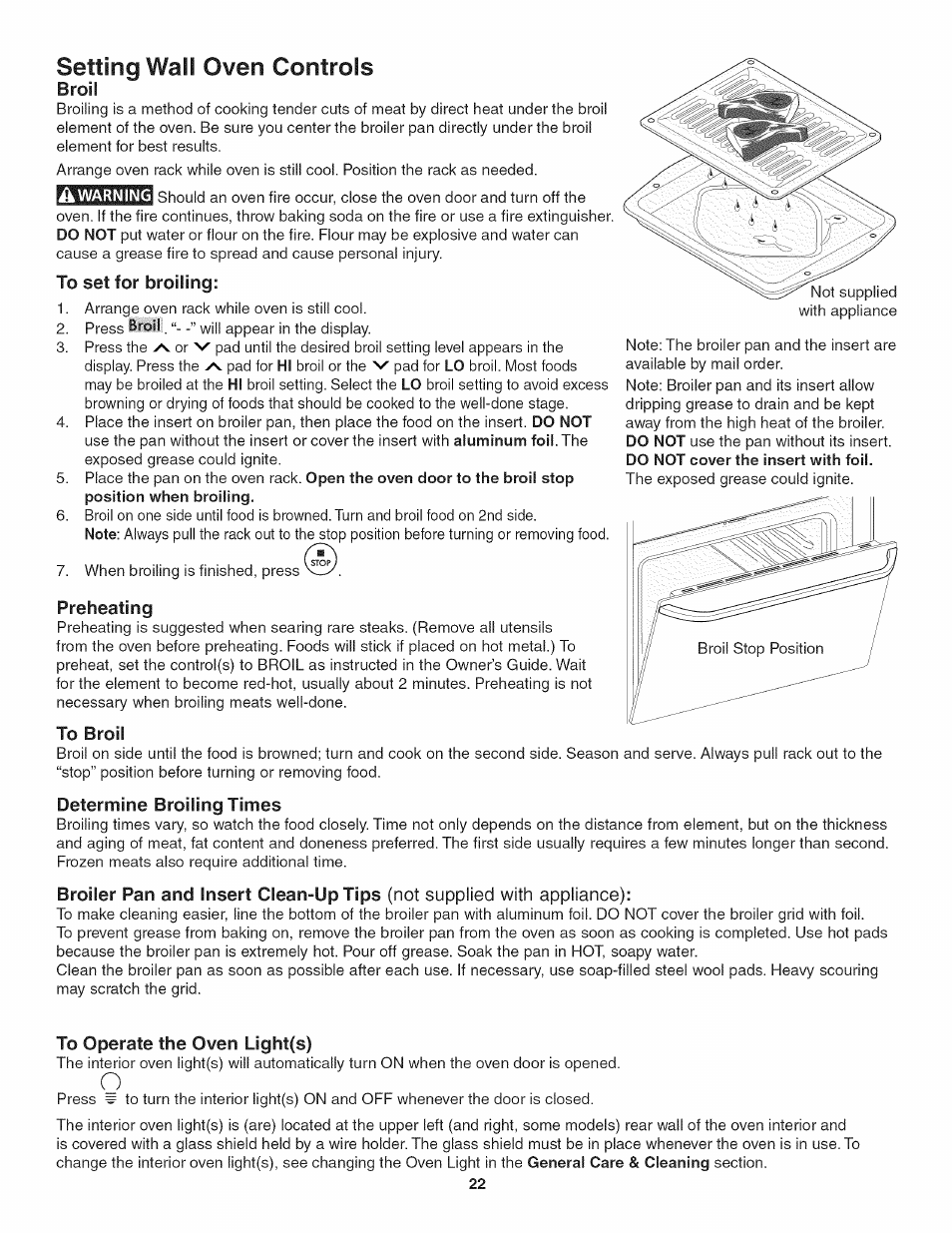 To set for broiling, Preheating, To broil | Determine broiling times, To operate the oven light(s), Setting wail oven controls | Kenmore 790.4885 User Manual | Page 22 / 34