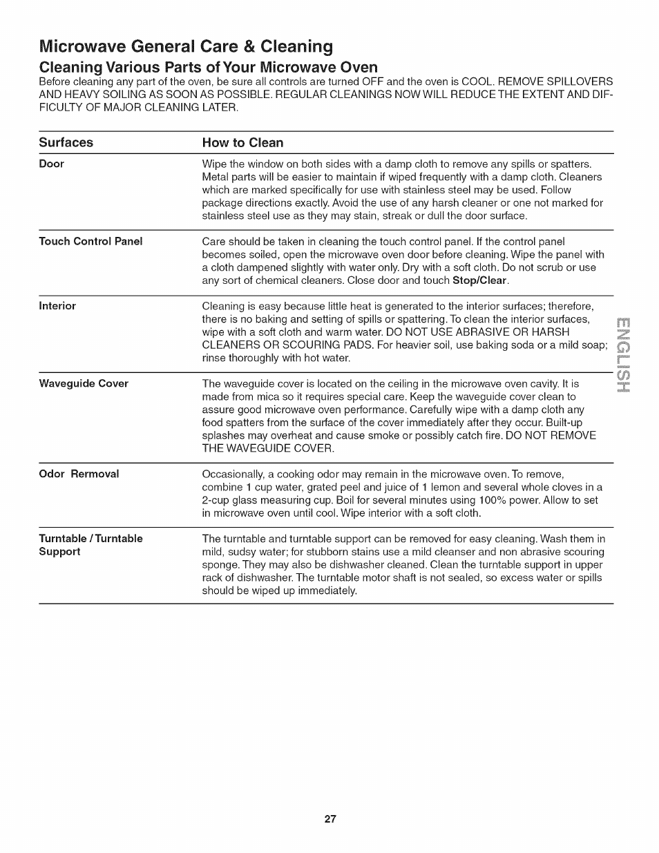 Iviicrowave general care & cleaning, Cleaning various parts of your iviicrowave oven | Kenmore 790.4885 User Manual | Page 27 / 34