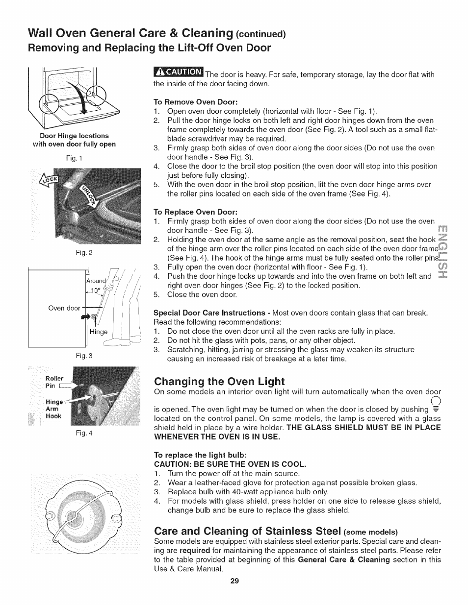 Changing the oven light, Care and cleaning of stainless steel (some models), Wail oven general care & cleaning | Care and cleaning of stainless steel, Removing and replacing the lift-off oven door | Kenmore 790.4885 User Manual | Page 29 / 34