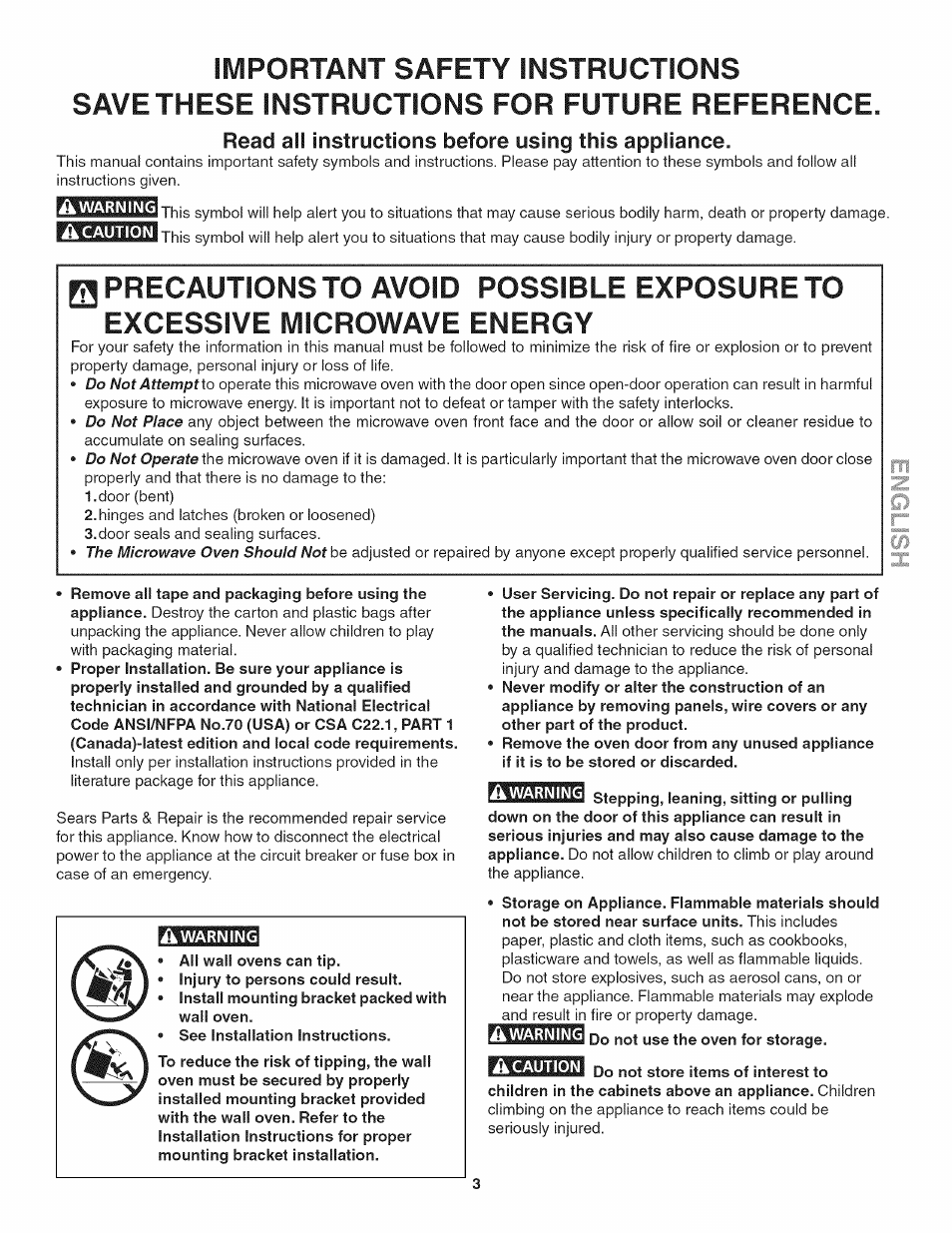 A warning, A caution, Read ail instructions before using this appliance | Kenmore 790.4885 User Manual | Page 3 / 34