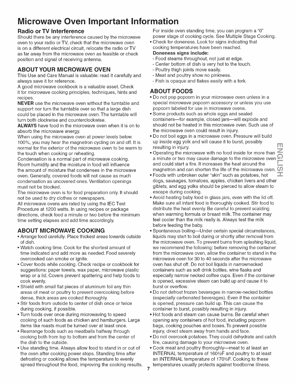 About your microwave oven, About microwave cooking, About foods | Iviicrowave oven important information, Radio or tv interfererice | Kenmore 790.4885 User Manual | Page 7 / 34