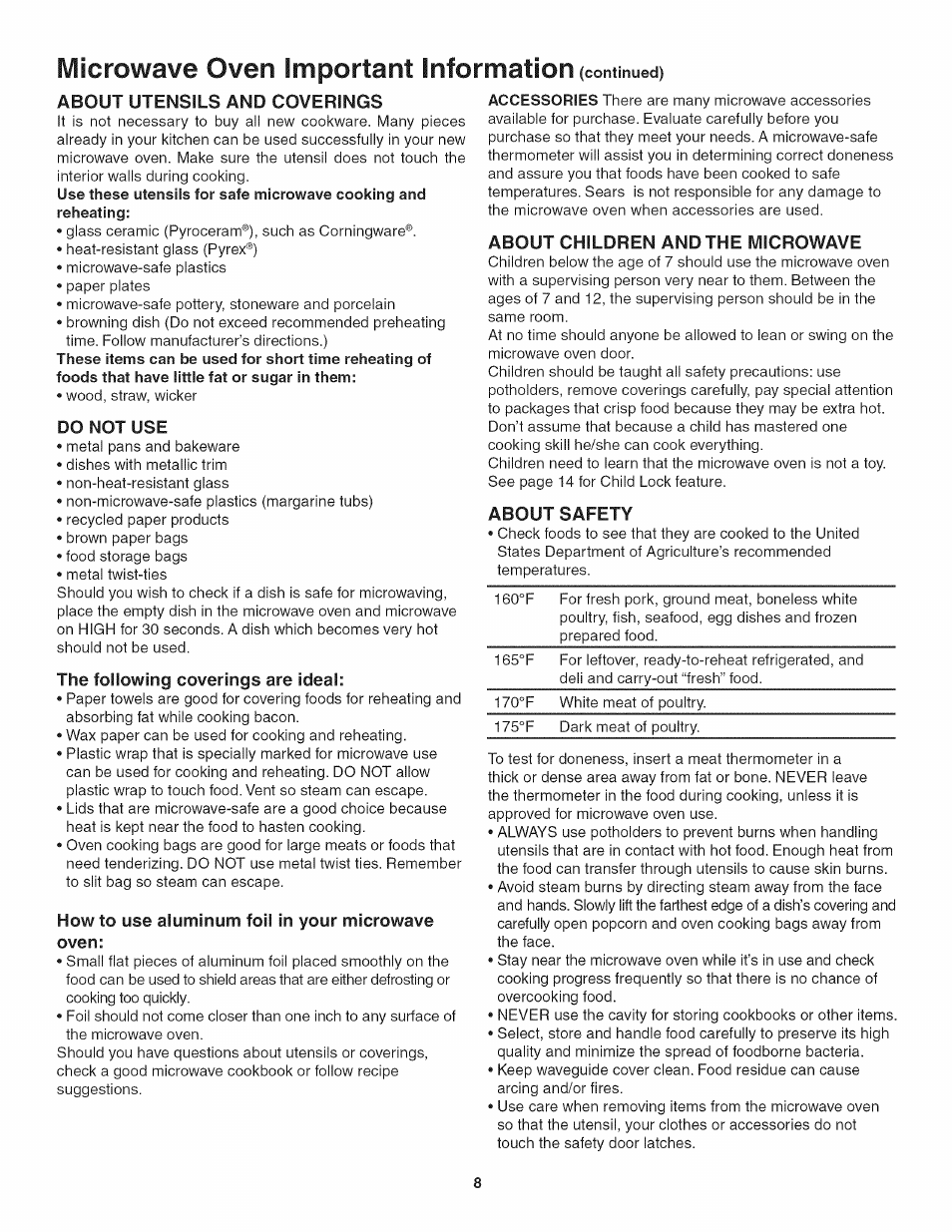 Do not use, The following coverings are ideal, How to use aluminum foil in your microwave oven | About children and the microwave, About safety, Iviicrowave oven important information | Kenmore 790.4885 User Manual | Page 8 / 34