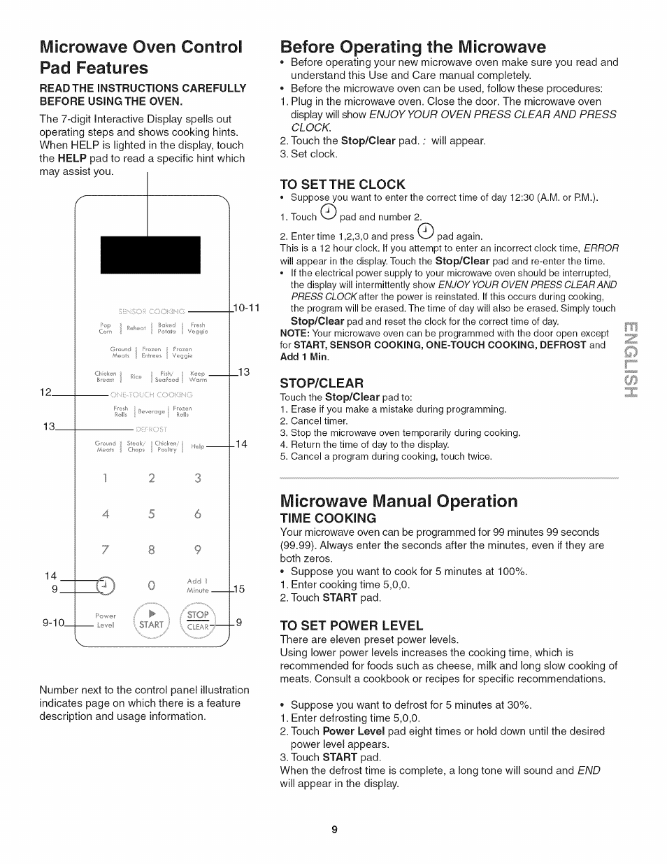 Before operating the microwave, To set the clock, Stop/clear | Microwave manual operation, Time cooking, To set power level, Ivlicrowave oven control pad features | Kenmore 790.4885 User Manual | Page 9 / 34