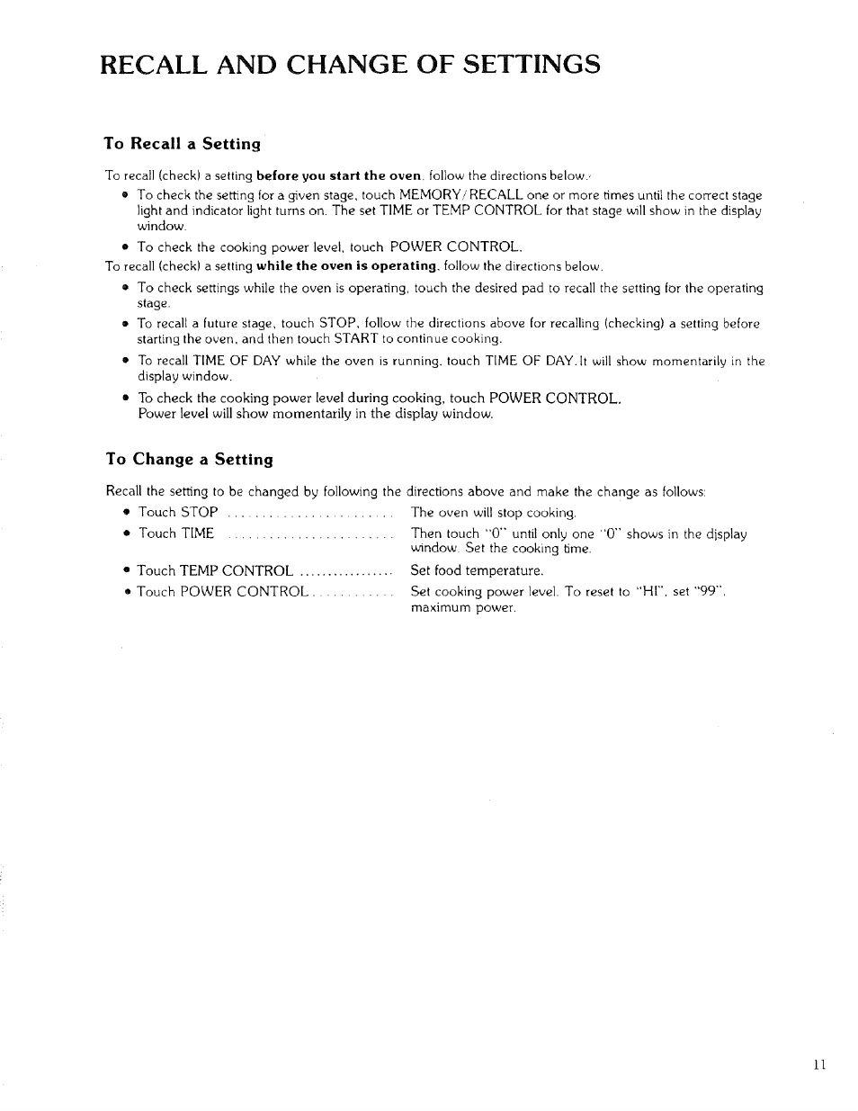 Recall and change of settings | Kenmore 88329 User Manual | Page 11 / 35