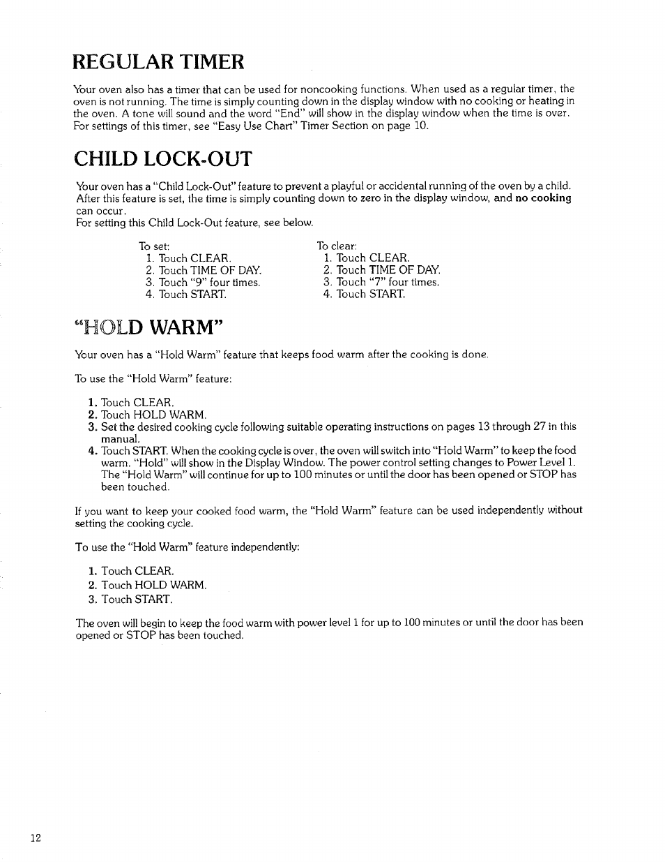 Child lock-out, Regular timer, Hold warm | Kenmore 88329 User Manual | Page 12 / 35