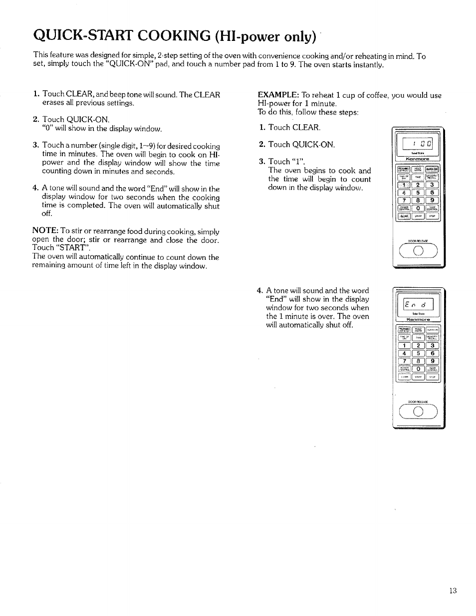 Quick-start cooking (hl-power only) | Kenmore 88329 User Manual | Page 13 / 35